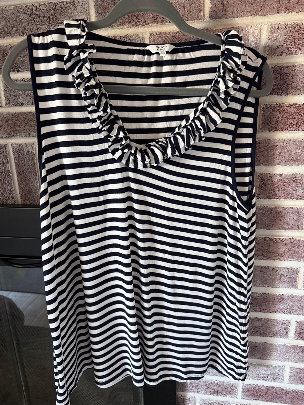 crown & ivy Black and White Striped Ruffle Neck Tank